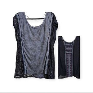 Free People Distressed Stone Wash Crochet Cap Sleeve Tunic w/ Ribbon Details, M